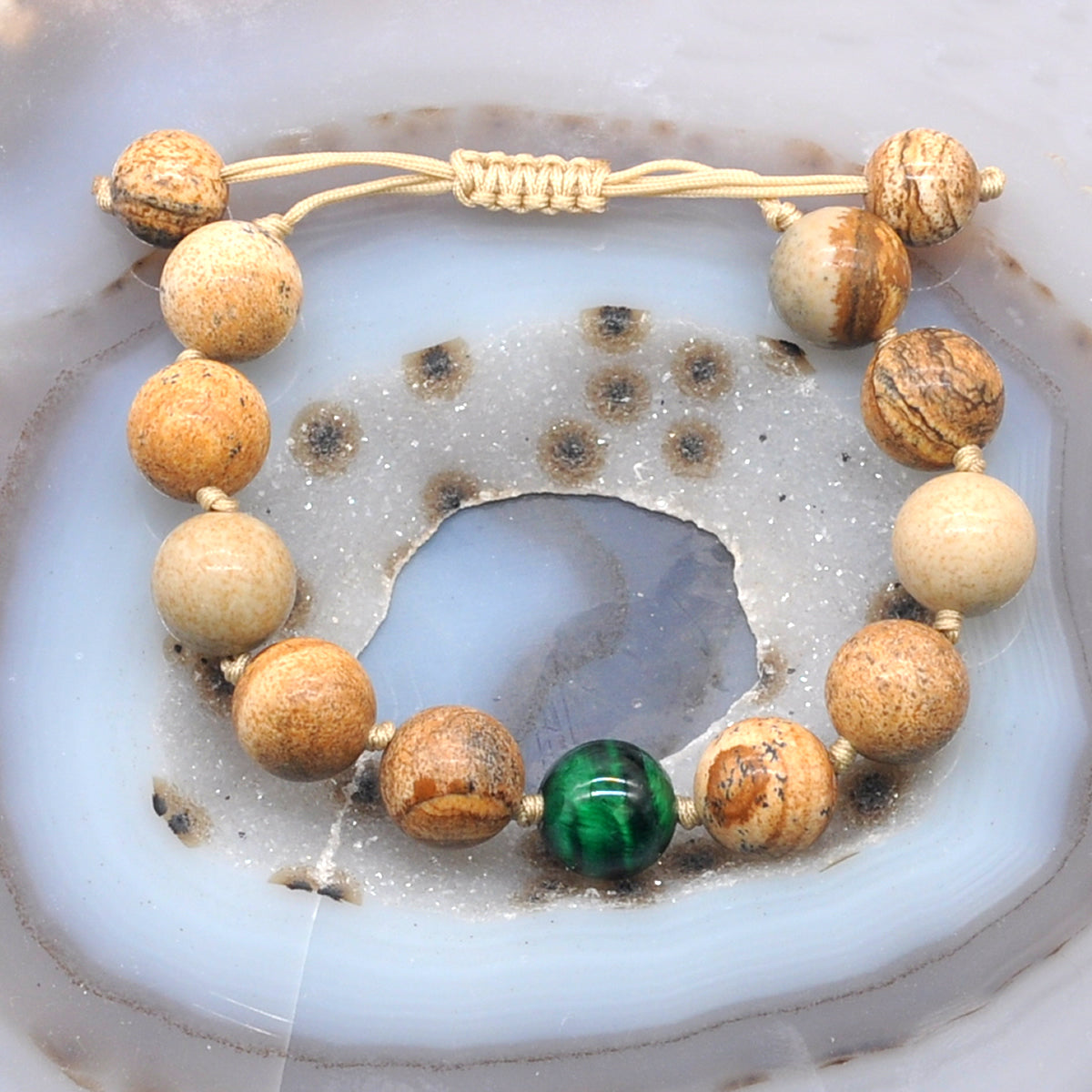 CGB463 Picture Jasper & Green Tiger Eye Adjustable Bracelet Round 12mm