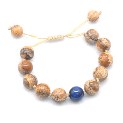 CGB464 Picture Jasper & Blue Tiger Eye Adjustable Bracelet Round 12mm