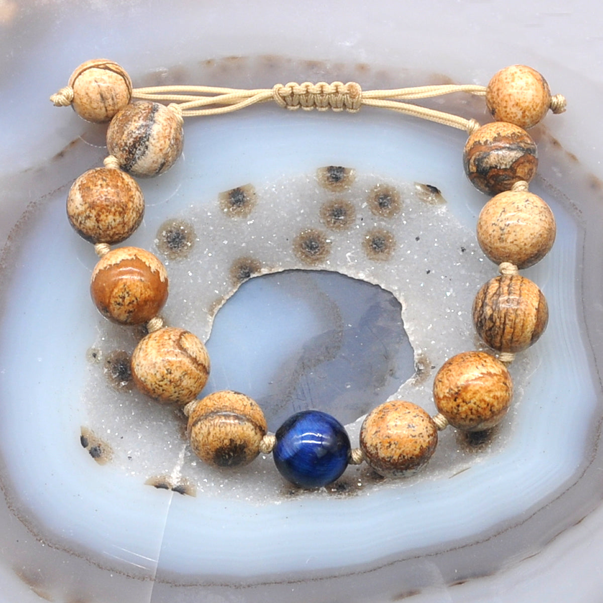 CGB464 Picture Jasper & Blue Tiger Eye Adjustable Bracelet Round 12mm