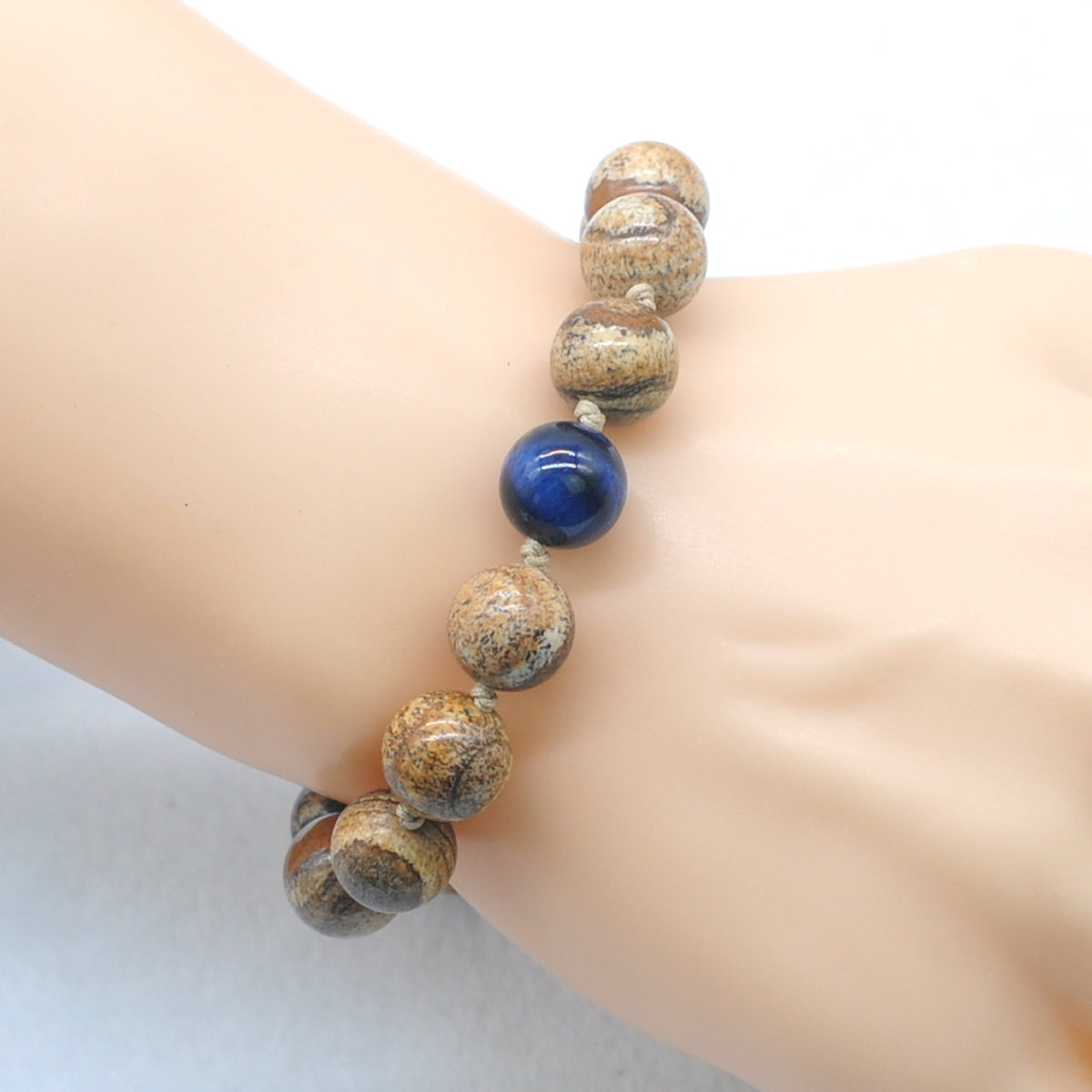 CGB464 Picture Jasper & Blue Tiger Eye Adjustable Bracelet Round 12mm