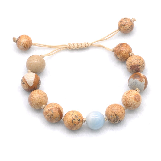 CGB468 Picture Jasper & Aquamarine Adjustable Bracelet Round 12mm