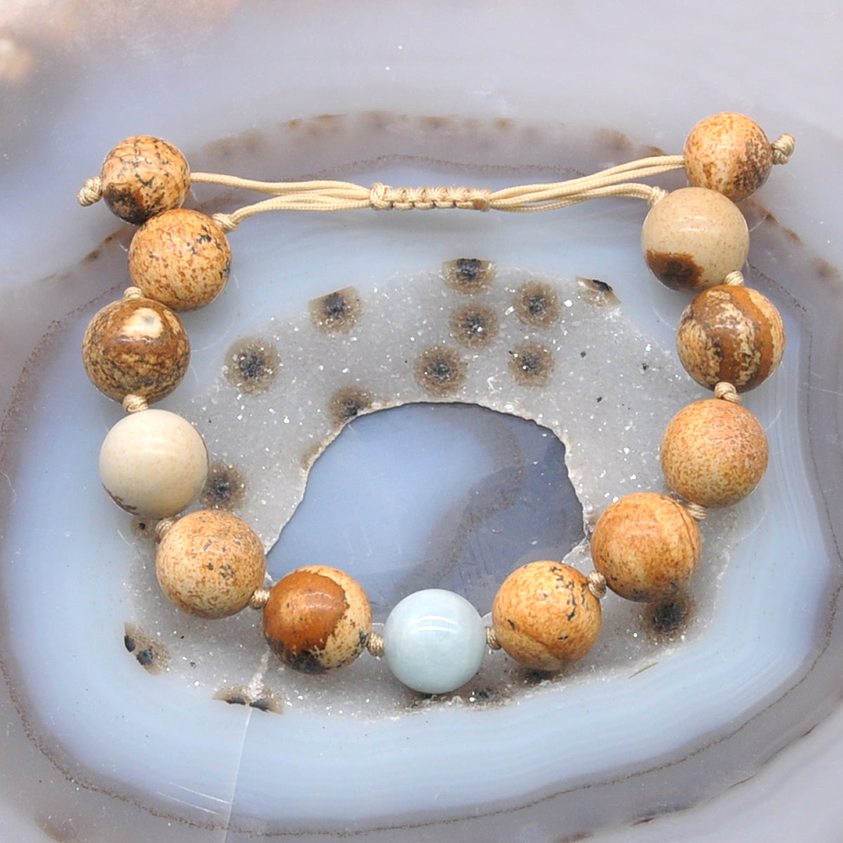 CGB468 Picture Jasper & Aquamarine Adjustable Bracelet Round 12mm