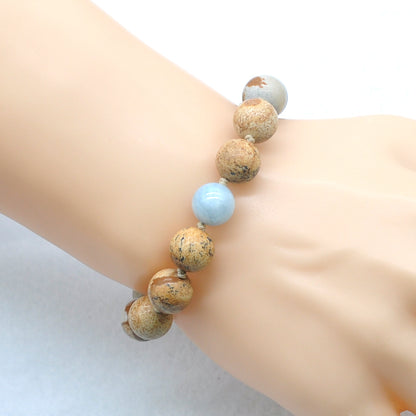 CGB468 Picture Jasper & Aquamarine Adjustable Bracelet Round 12mm