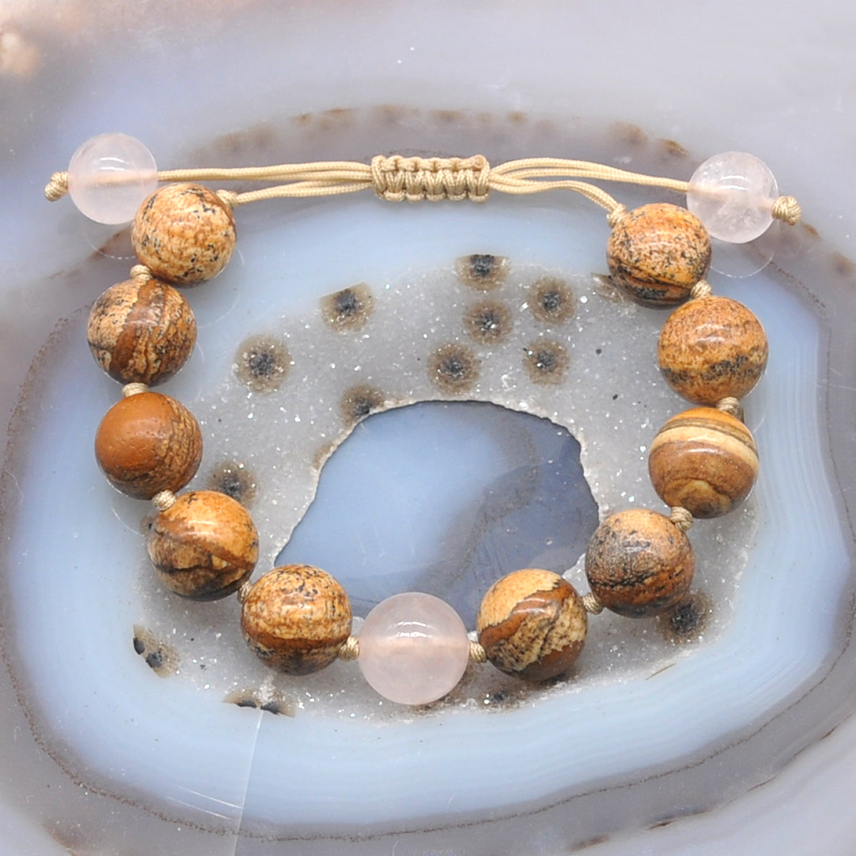 CGB469 Picture Jasper & Rose Quartz Adjustable Bracelet Round 12mm