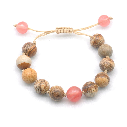 CGB470 Picture Jasper & Cherry Quartz Adjustable Bracelet Round 12mm