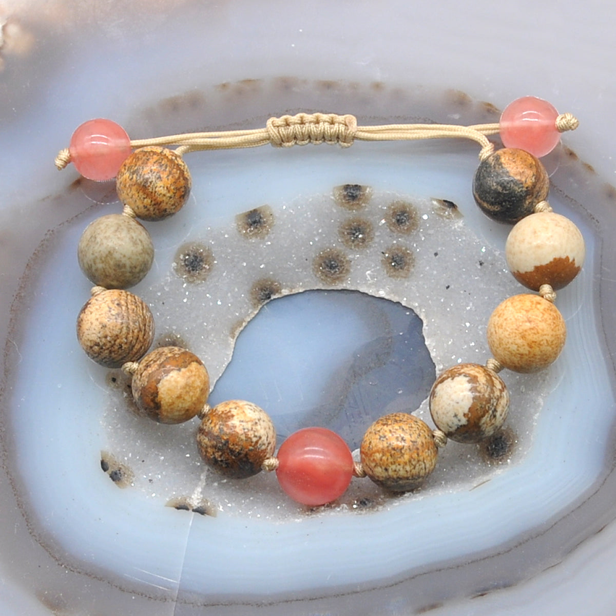 CGB470 Picture Jasper & Cherry Quartz Adjustable Bracelet Round 12mm