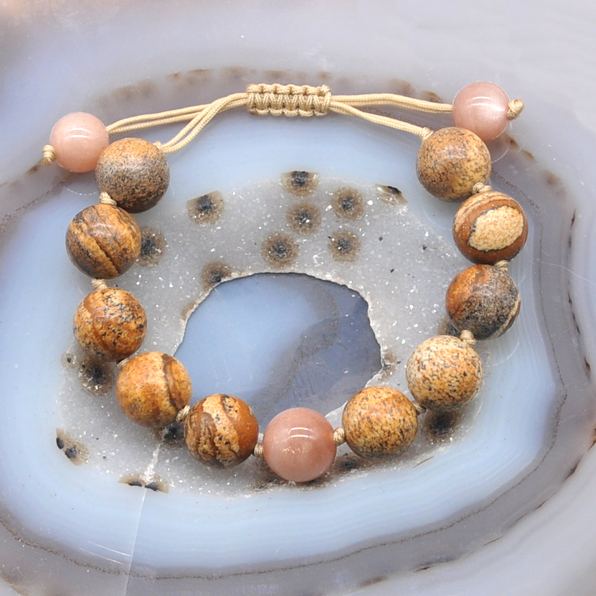 CGB471 Picture Jasper & Moonstone Adjustable Bracelet Round 12mm