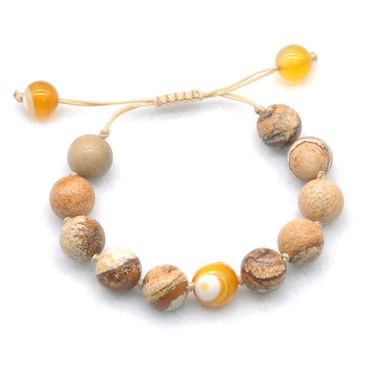 CGB472 Picture Jasper & Yellow Banded Agate Adjustable Bracelet Round 12mm