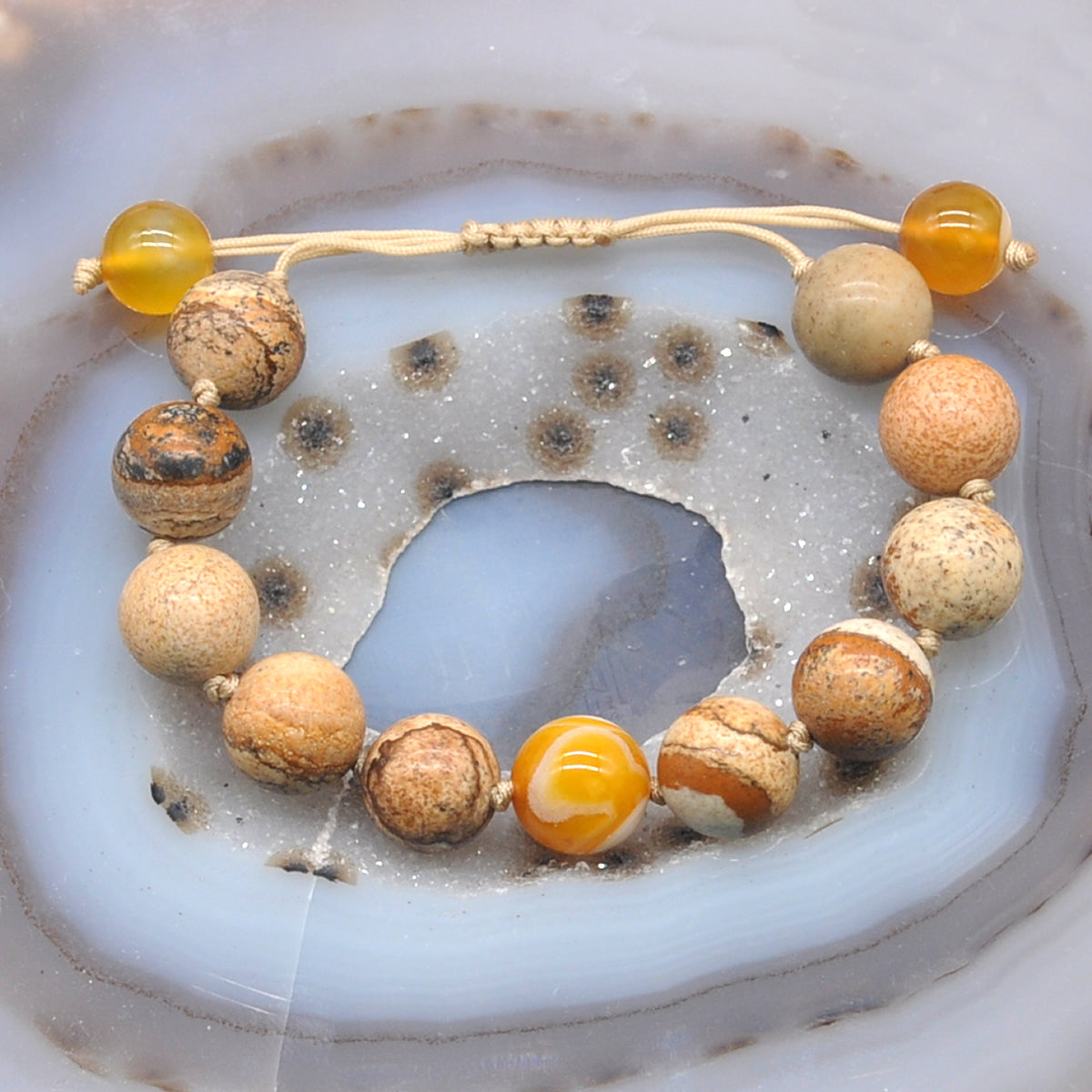 CGB472 Picture Jasper & Yellow Banded Agate Adjustable Bracelet Round 12mm