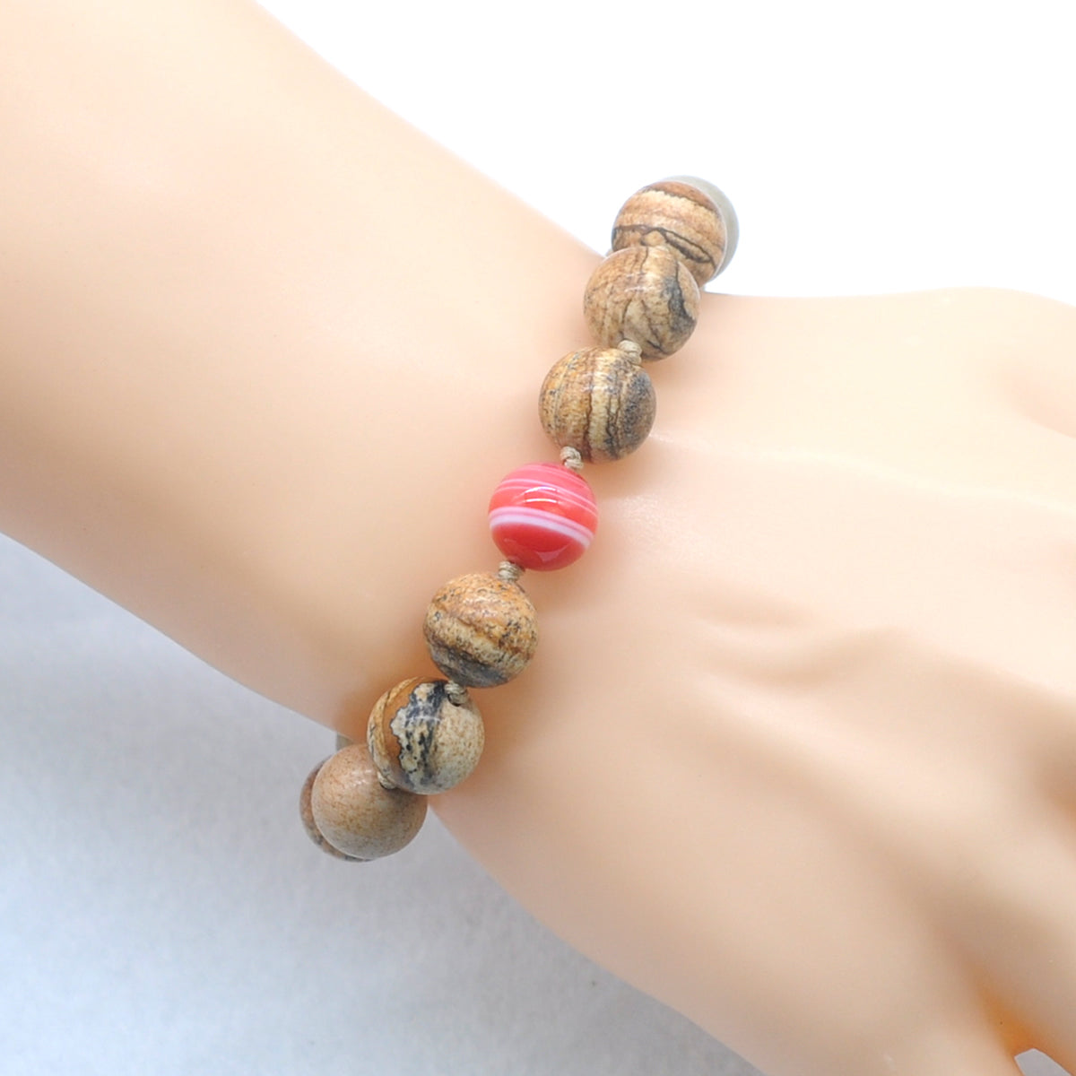 CGB473 Picture Jasper & Red Banded Agate Adjustable Bracelet Round 12mm