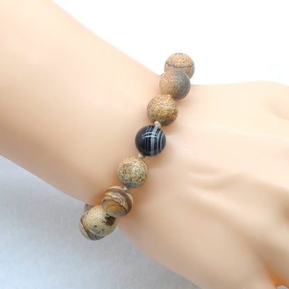 CGB475 Picture Jasper & Black Banded Agate Adjustable Bracelet Round 12mm