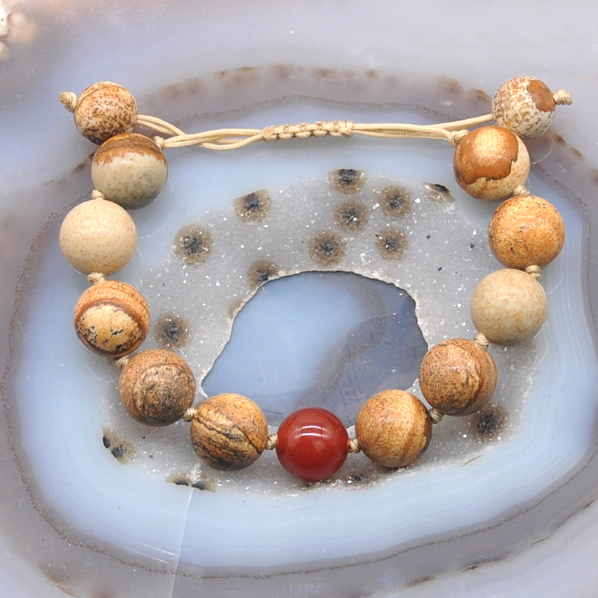 CGB476 Picture Jasper & Red Agate Adjustable Bracelet Round 12mm