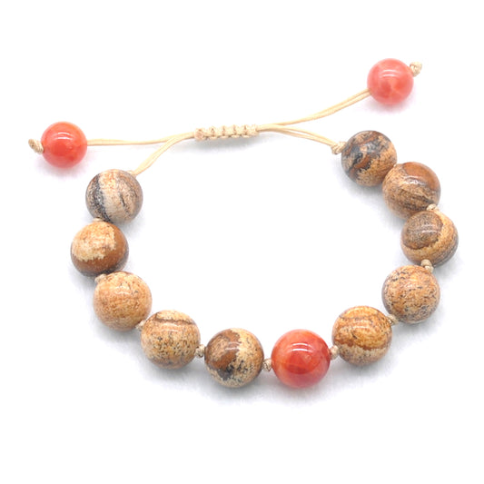 CGB477 Picture Jasper & Fire Agate Adjustable Bracelet Round 12mm