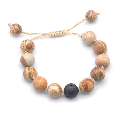 CGB483 Picture Jasper & Black Lava Adjustable Bracelet Round 12mm