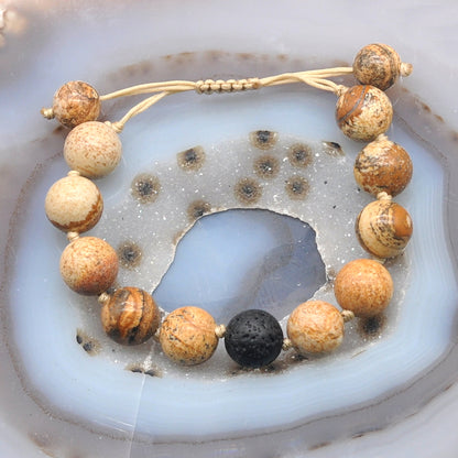 CGB483 Picture Jasper & Black Lava Adjustable Bracelet Round 12mm