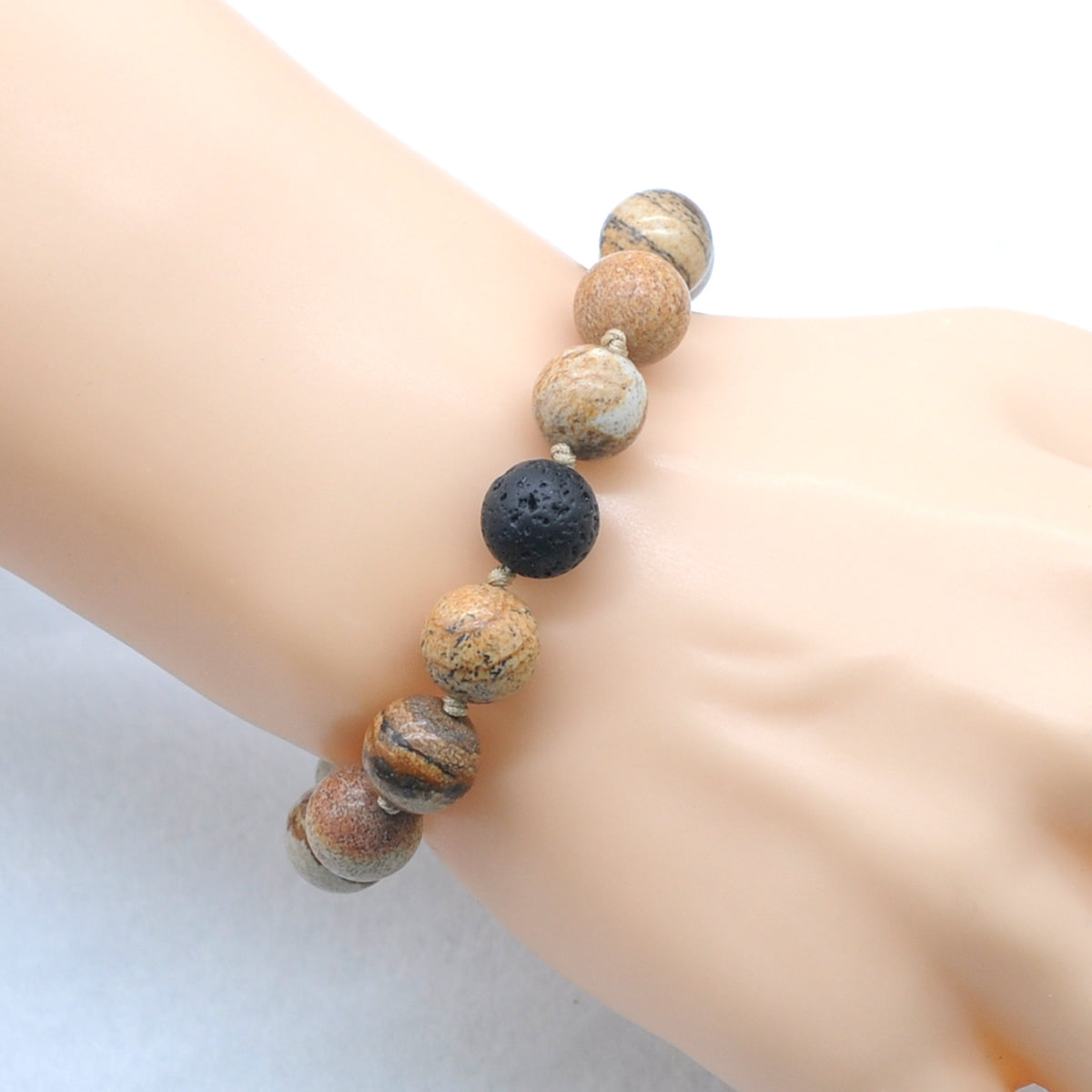 CGB483 Picture Jasper & Black Lava Adjustable Bracelet Round 12mm