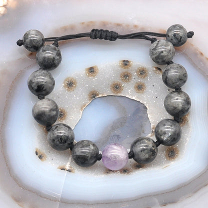 CGB512 Black Labradorite & Lavender Amethyst Adjustable Bracelet Round 12mm