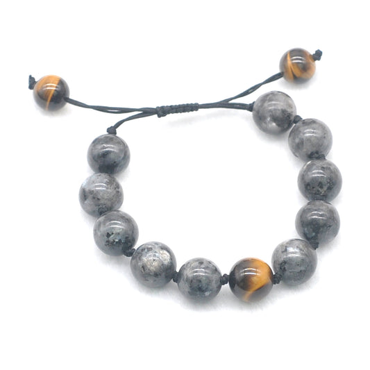 CGB513 Black Labradorite & Yellow Tiger Eye Adjustable Bracelet Round 12mm