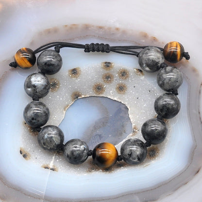 CGB513 Black Labradorite & Yellow Tiger Eye Adjustable Bracelet Round 12mm