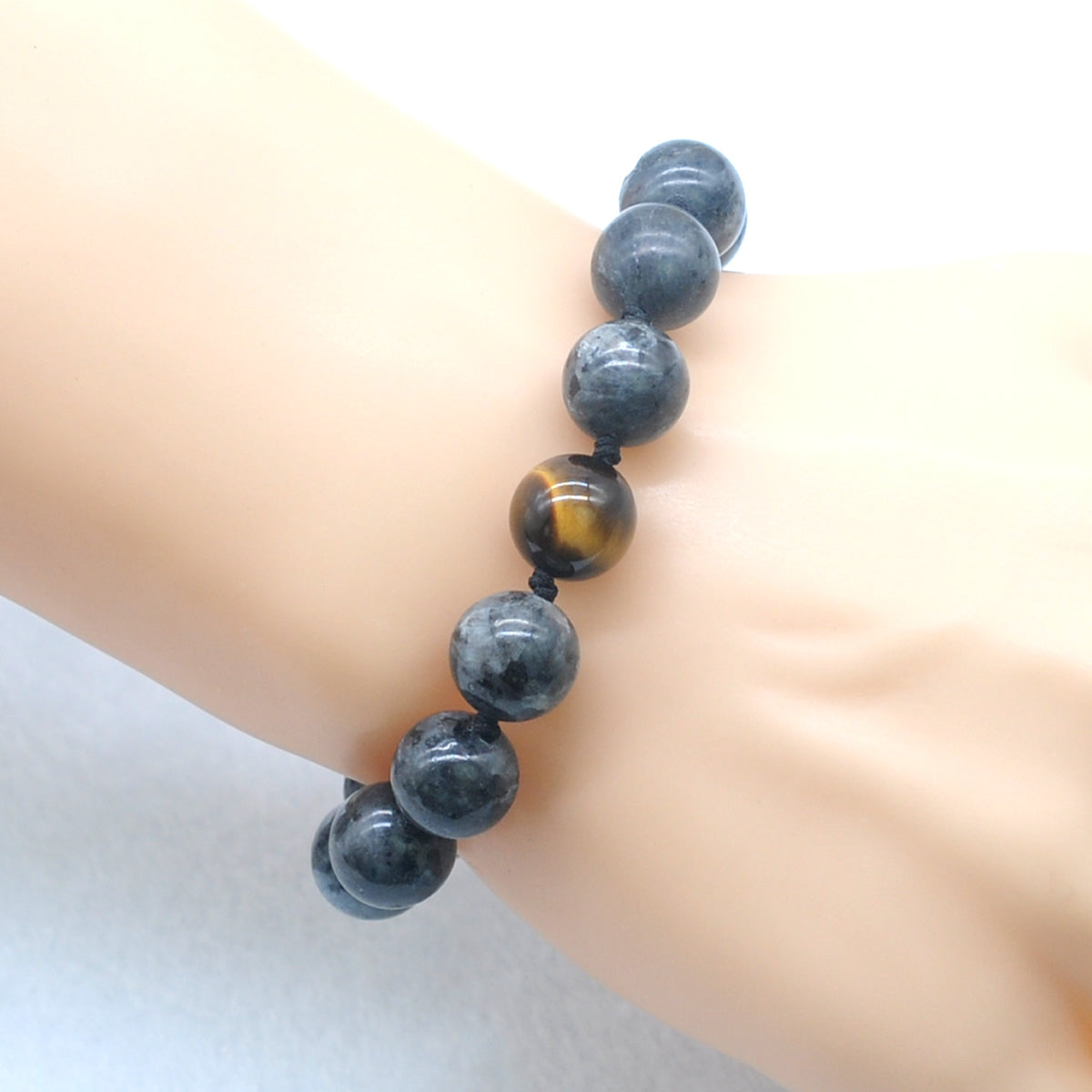 CGB513 Black Labradorite & Yellow Tiger Eye Adjustable Bracelet Round 12mm