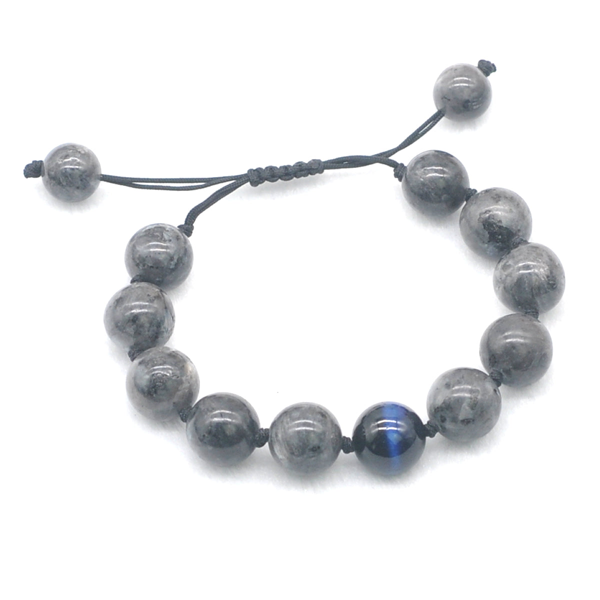 CGB515 Black Labradorite & Blue Tiger Eye Adjustable Bracelet Round 12mm