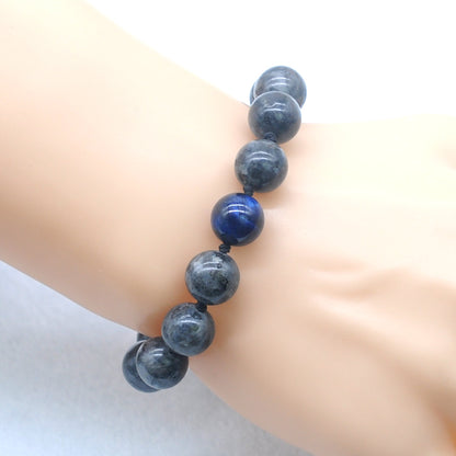 CGB515 Black Labradorite & Blue Tiger Eye Adjustable Bracelet Round 12mm