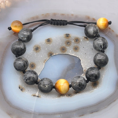 CGB518 Black Labradorite & Golden Tiger Eye Adjustable Bracelet Round 12mm