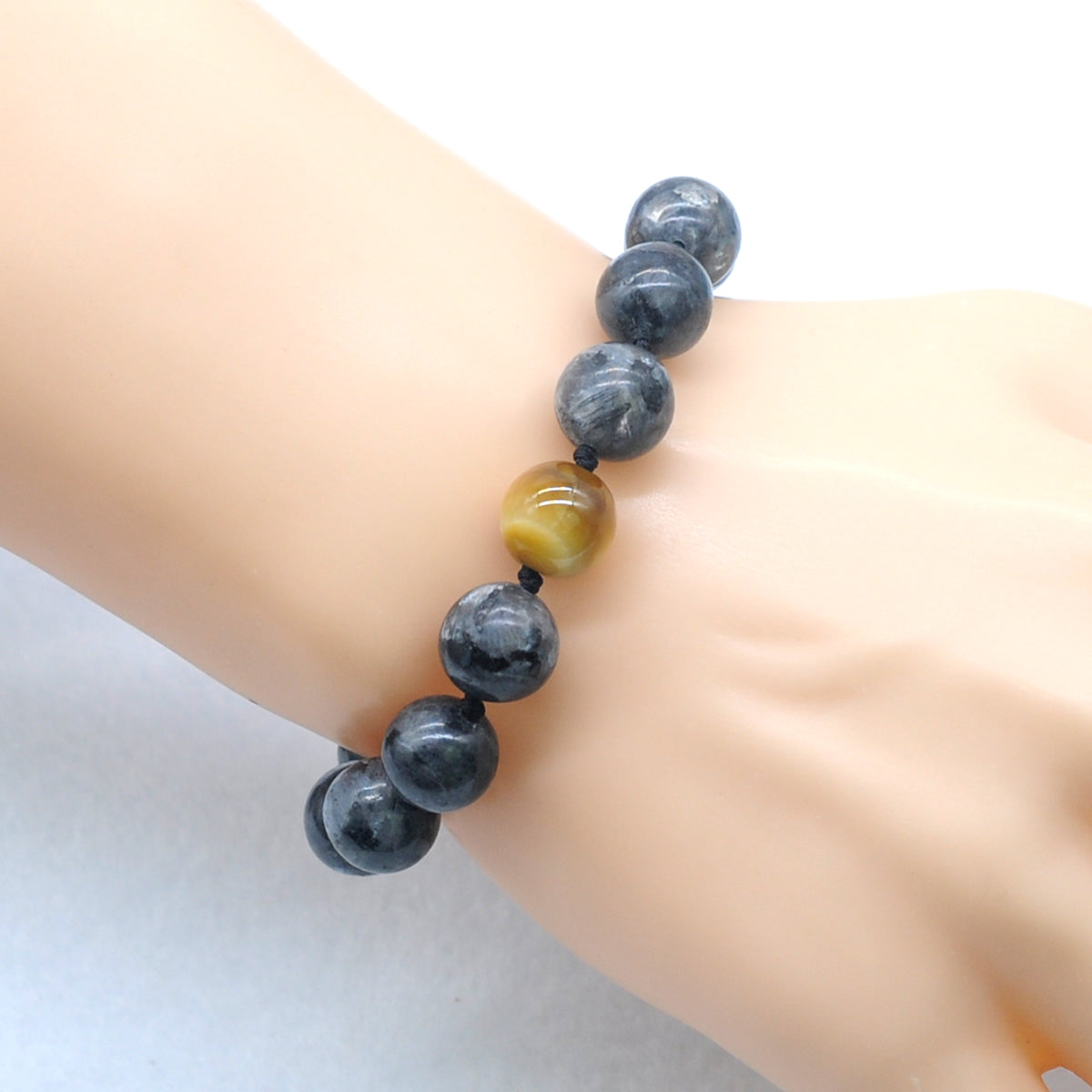 CGB518 Black Labradorite & Golden Tiger Eye Adjustable Bracelet Round 12mm