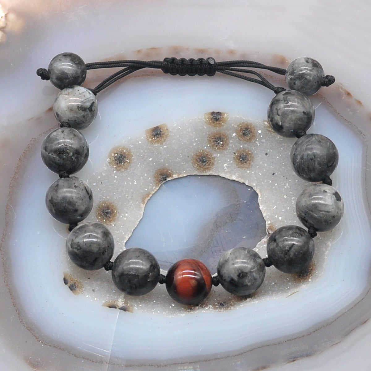 CGB519 Black Labradorite & Red Tiger Eye Adjustable Bracelet Round 12mm