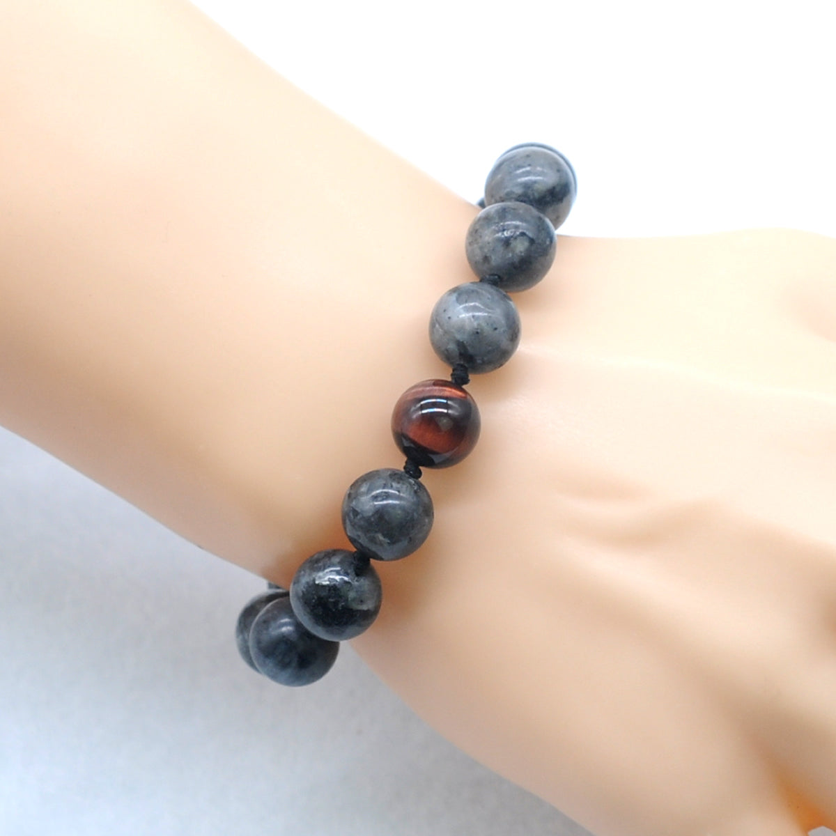 CGB519 Black Labradorite & Red Tiger Eye Adjustable Bracelet Round 12mm