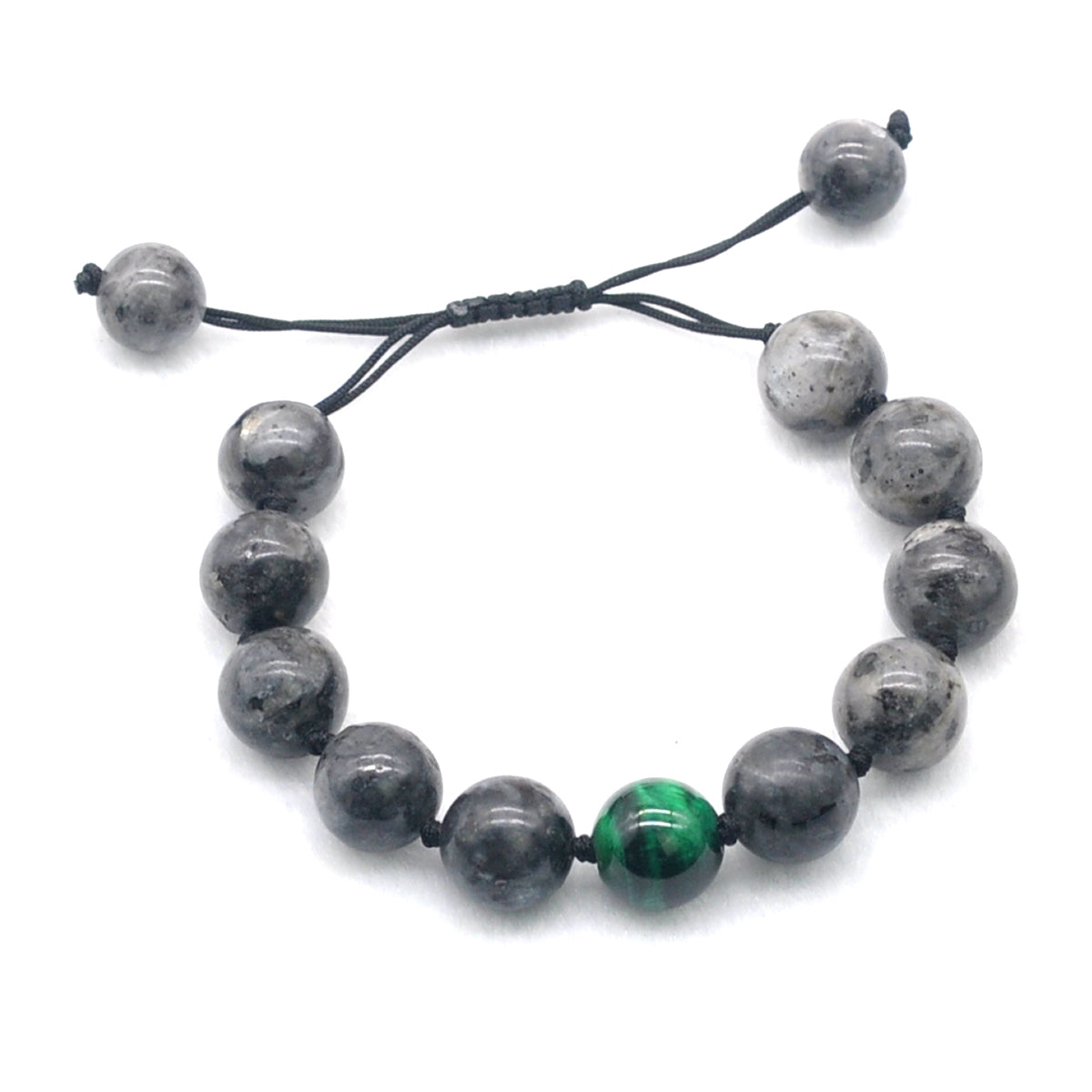 CGB520 Black Labradorite & Green Tiger Eye Adjustable Bracelet Round 12mm