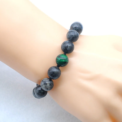 CGB520 Black Labradorite & Green Tiger Eye Adjustable Bracelet Round 12mm