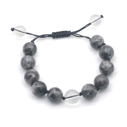 CGB521 Black Labradorite & Clear Quartz Adjustable Bracelet Round 12mm