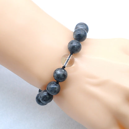 CGB521 Black Labradorite & Clear Quartz Adjustable Bracelet Round 12mm