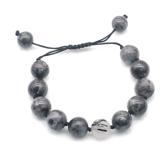 CGB522 Black Labradorite & Black Rutilated Quartz Adjustable Bracelet Round 12mm