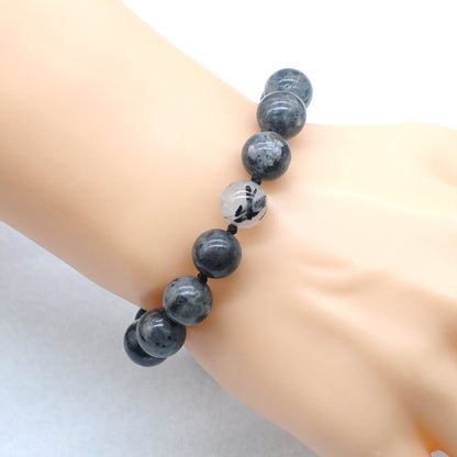 CGB522 Black Labradorite & Black Rutilated Quartz Adjustable Bracelet Round 12mm