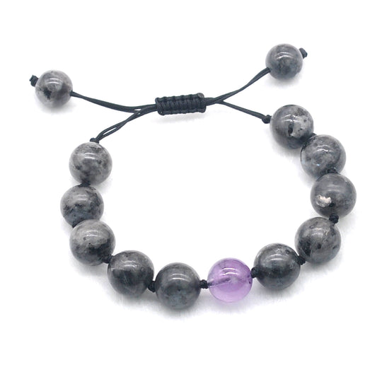 CGB523 Black Labradorite & Amethyst Adjustable Bracelet Round 12mm