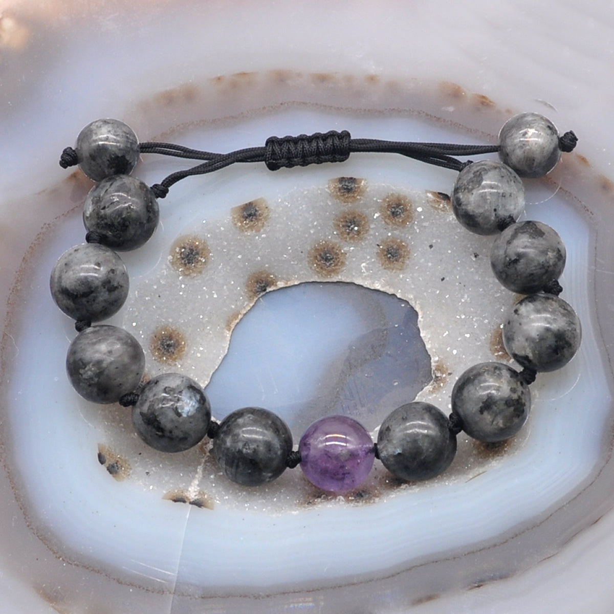 CGB523 Black Labradorite & Amethyst Adjustable Bracelet Round 12mm