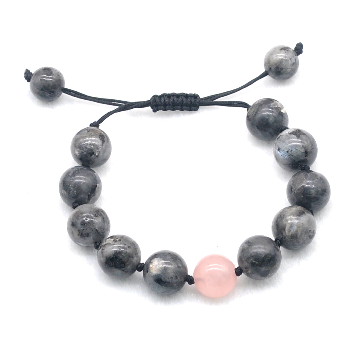 CGB524 Black Labradorite & Rose Quartz Adjustable Bracelet Round 12mm