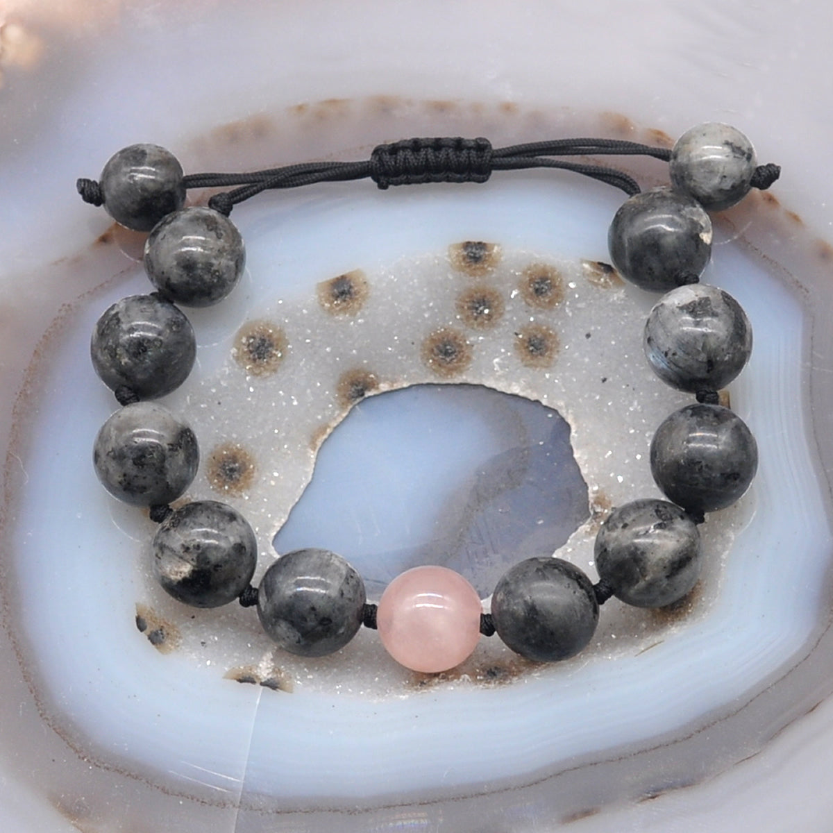 CGB524 Black Labradorite & Rose Quartz Adjustable Bracelet Round 12mm