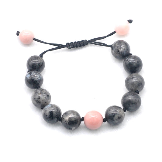 CGB525 Black Labradorite & Pink Opal Adjustable Bracelet Round 12mm