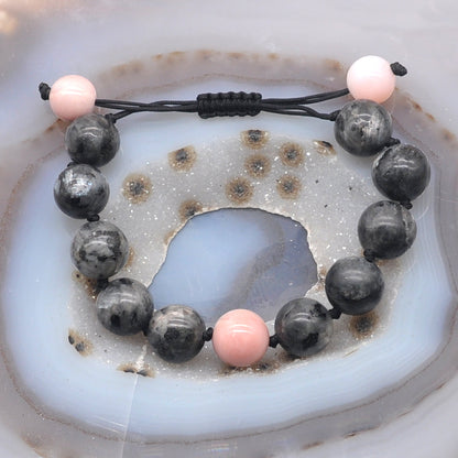 CGB525 Black Labradorite & Pink Opal Adjustable Bracelet Round 12mm