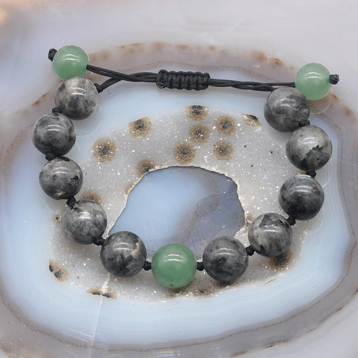 CGB528 Black Labradorite & Green Aventurine Jade Adjustable Bracelet Round 12mm