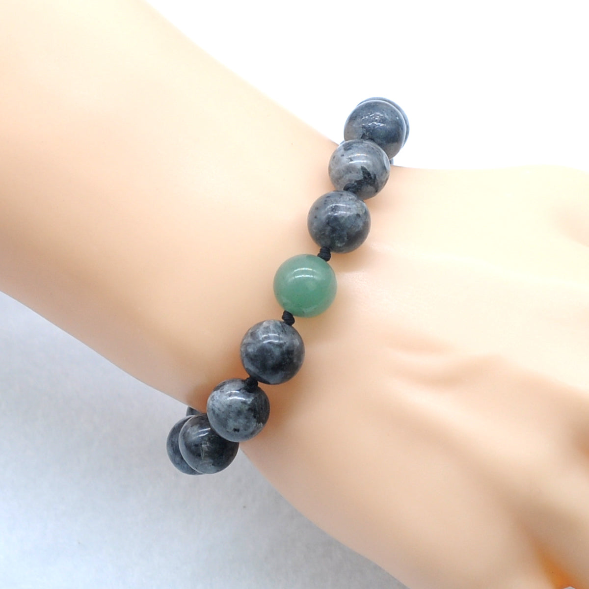 CGB528 Black Labradorite & Green Aventurine Jade Adjustable Bracelet Round 12mm