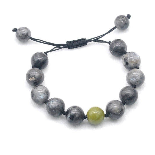 CGB529 Black Labradorite & China Jade Adjustable Bracelet Round 12mm