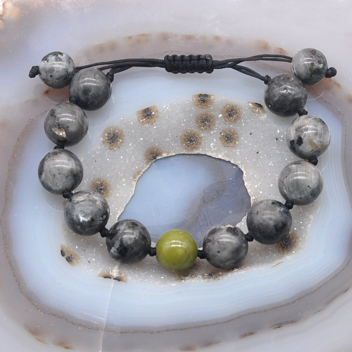 CGB529 Black Labradorite & China Jade Adjustable Bracelet Round 12mm