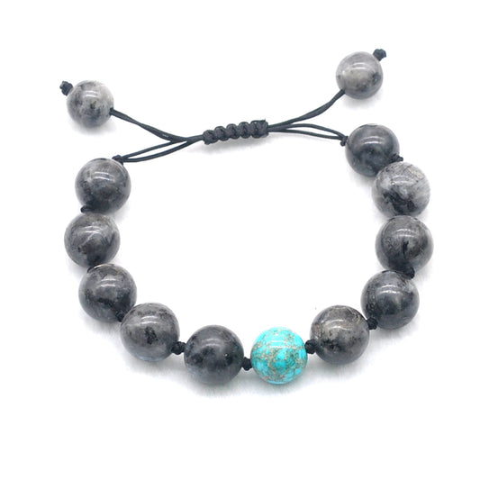 CGB530 Black Labradorite & Blue Sea Sediment Jasper Adjustable Bracelet Round 12mm