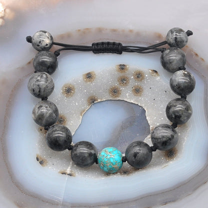 CGB530 Black Labradorite & Blue Sea Sediment Jasper Adjustable Bracelet Round 12mm