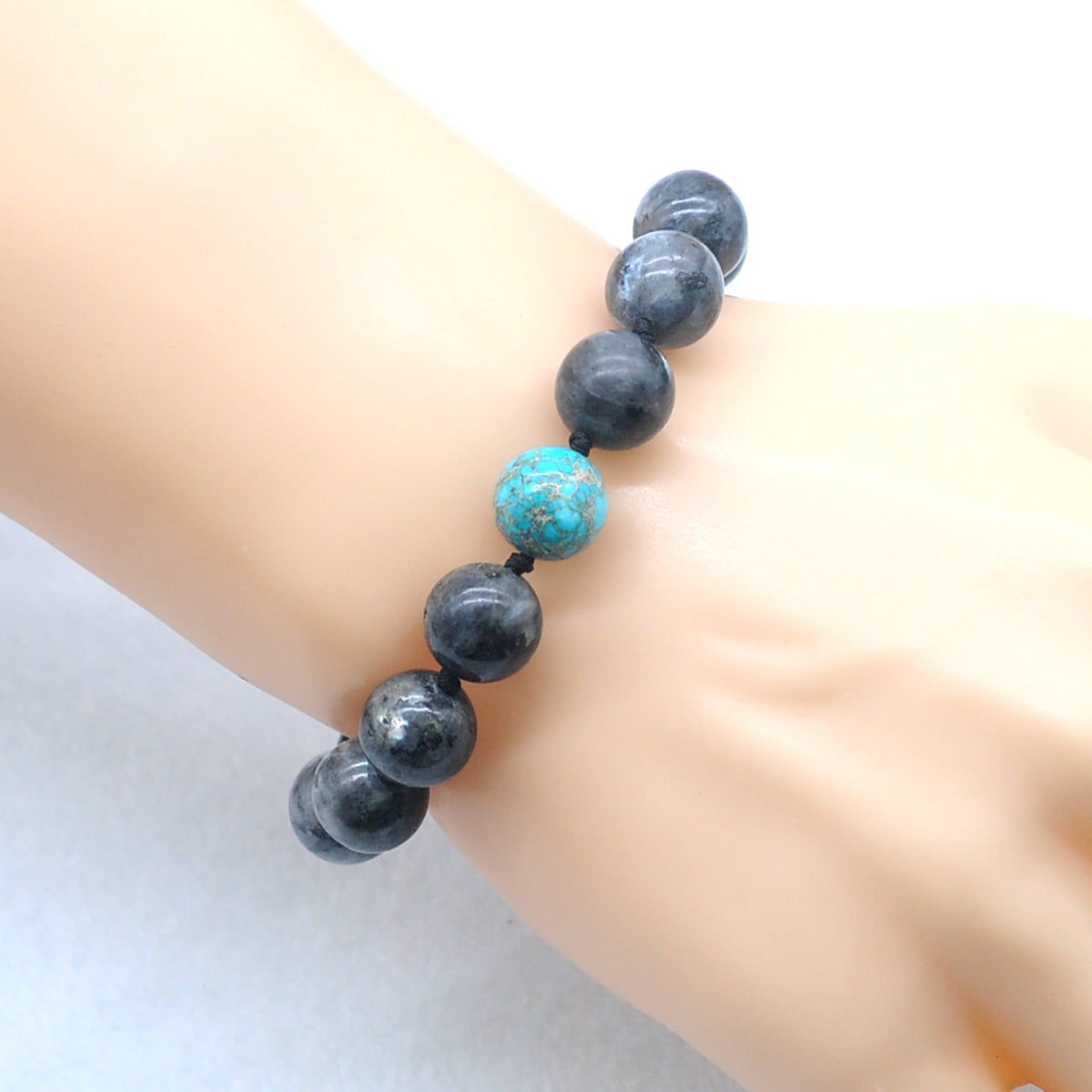 CGB530 Black Labradorite & Blue Sea Sediment Jasper Adjustable Bracelet Round 12mm