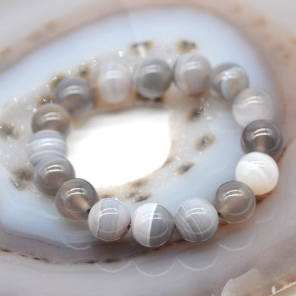 CGB55 Grey Banded Agate Beads Stretch Bracelet Smooth Round 10mm 12mm